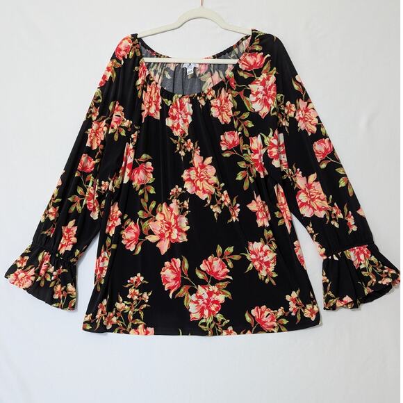 Susan Graver Black Red Floral Off The Shoulder Blouse Size XL Long Flare Sleeves - Picture 1 of 10